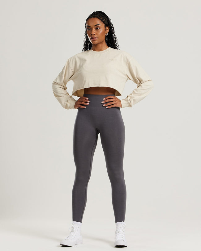 Comfort Vintage Look Oversized Cropped Long Sleeve T-Shirt | Stone