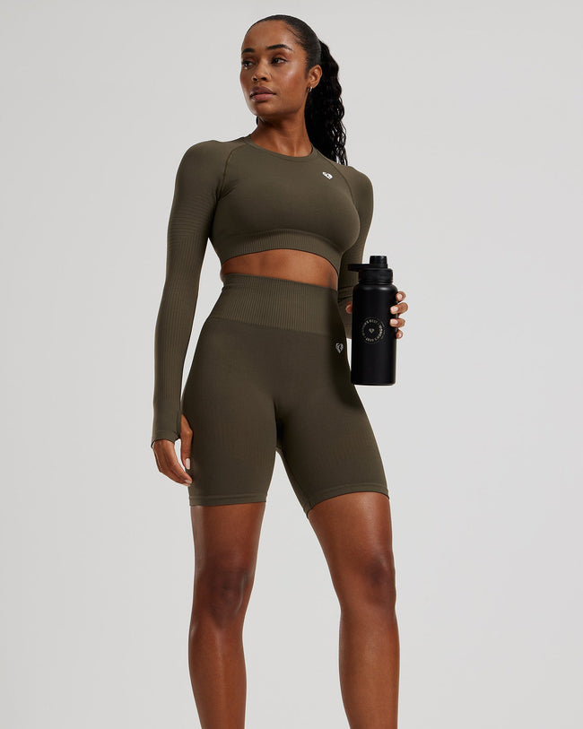 Power Seamless Long Sleeve Crop Top | Dark Olive