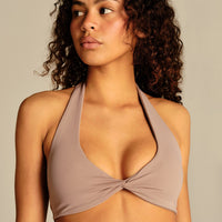 Essential Twist Front Halter Bra | Mauve Taupe