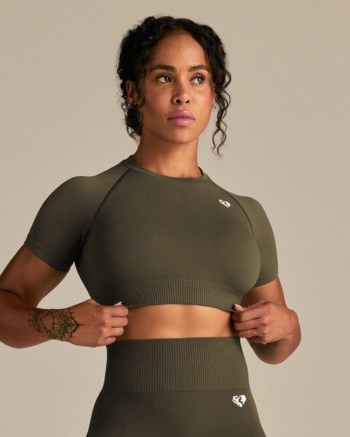 Power Short Sleeve Crop Top | Dark Olive