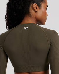 Power Seamless Long Sleeve Crop Top | Dark Olive