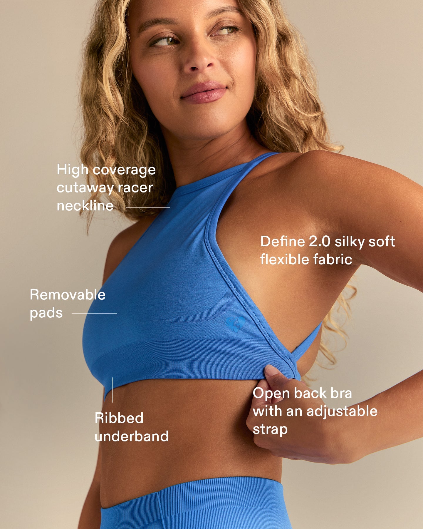 Define 2.0 Seamless High Neck Backless Bra | Rio Blue