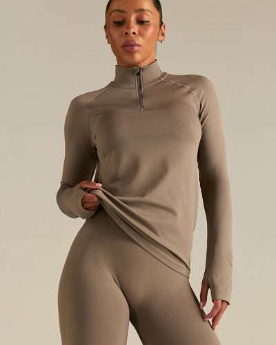 Lightweight Seamless 1/4 Zip Long Sleeve Top | Taupe Grey