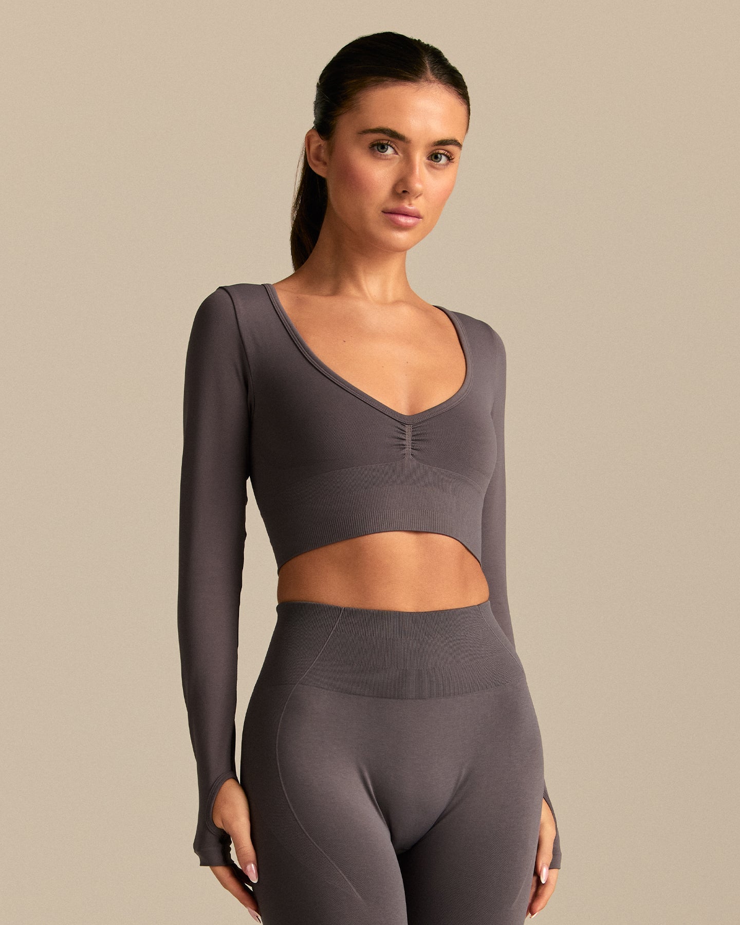 Define 2.0 Long Sleeve Scrunch Crop Top | Slate Grey (1/6)